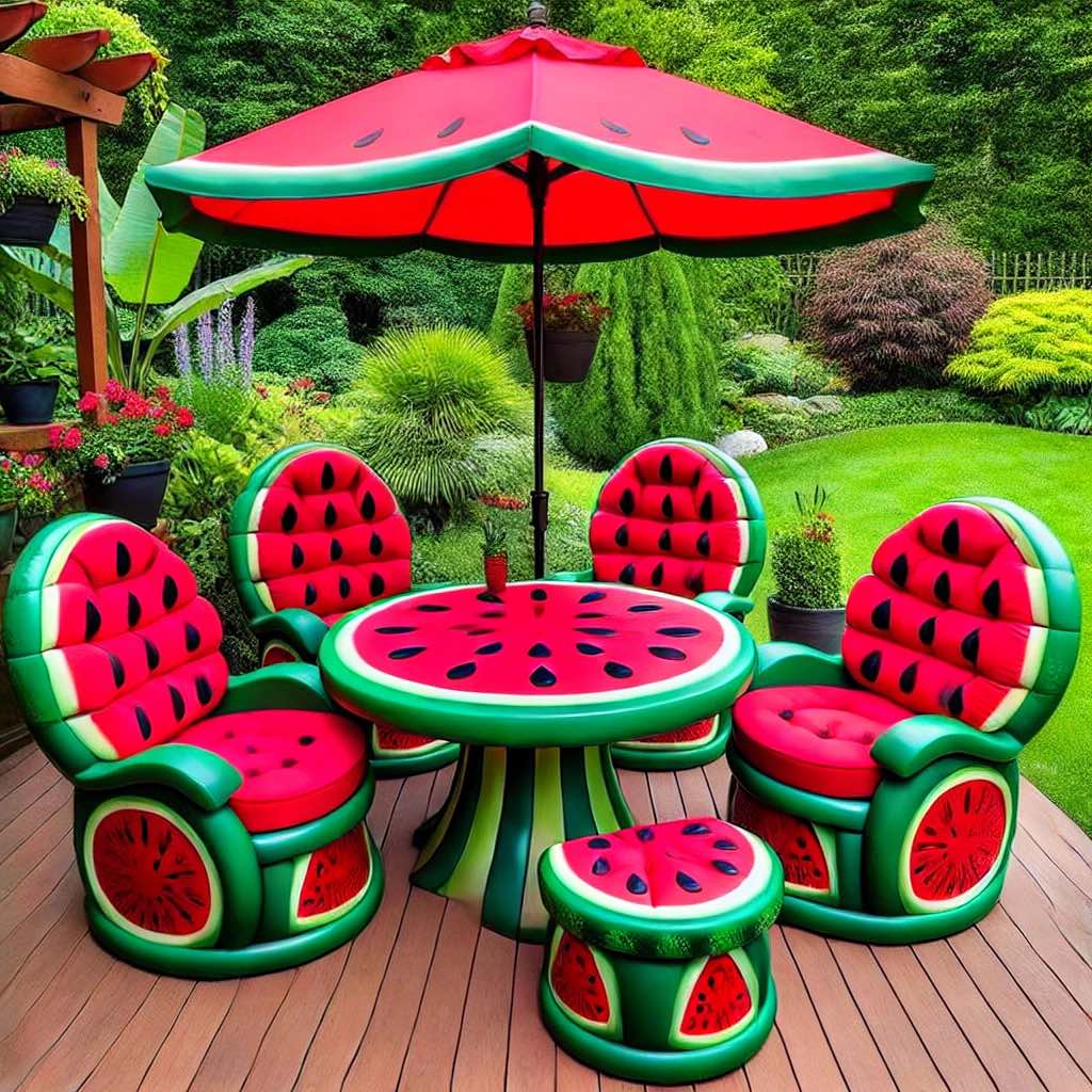 A stylish watermelon-themed furniture set with a matching umbrella, table, and chairs in a lush garden.