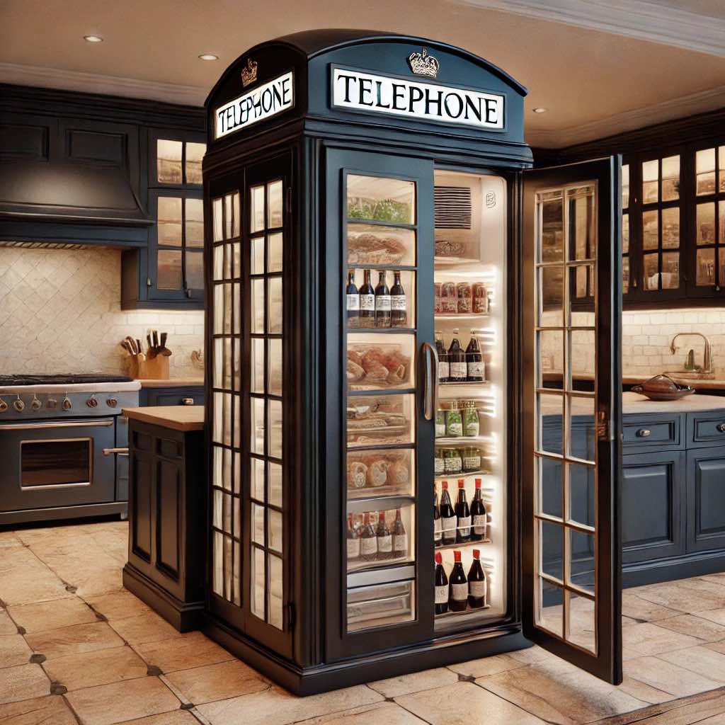 A sophisticated black telephone booth fridge placed in a contemporary kitchen with warm lighting.