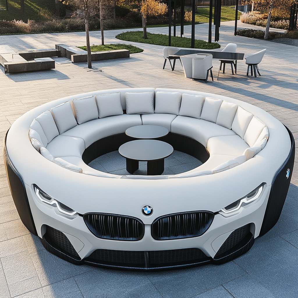 A luxury circular sofa with BMW front-end design in a sleek white finish, placed in a contemporary outdoor space.