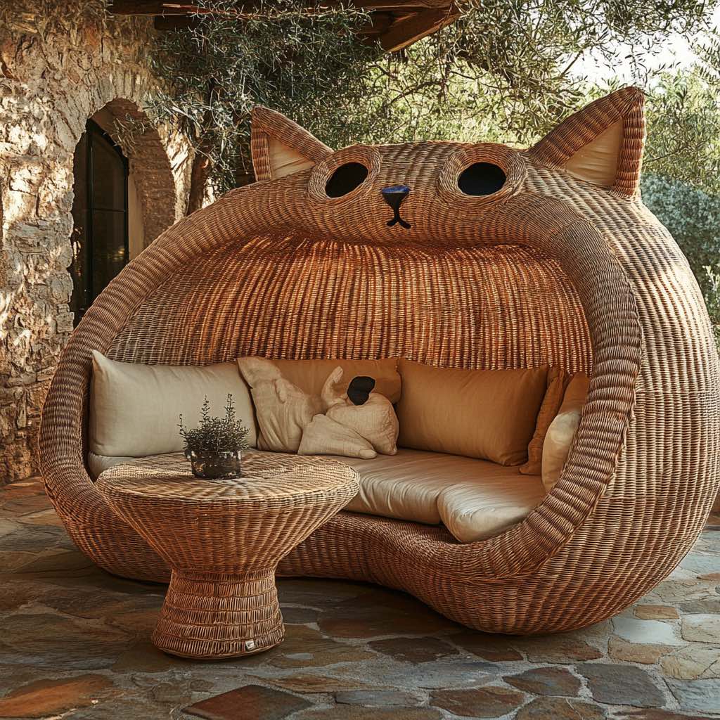 cosy, brown wicker cat-shaped enclosed seating area with beige cushions near a stone patio