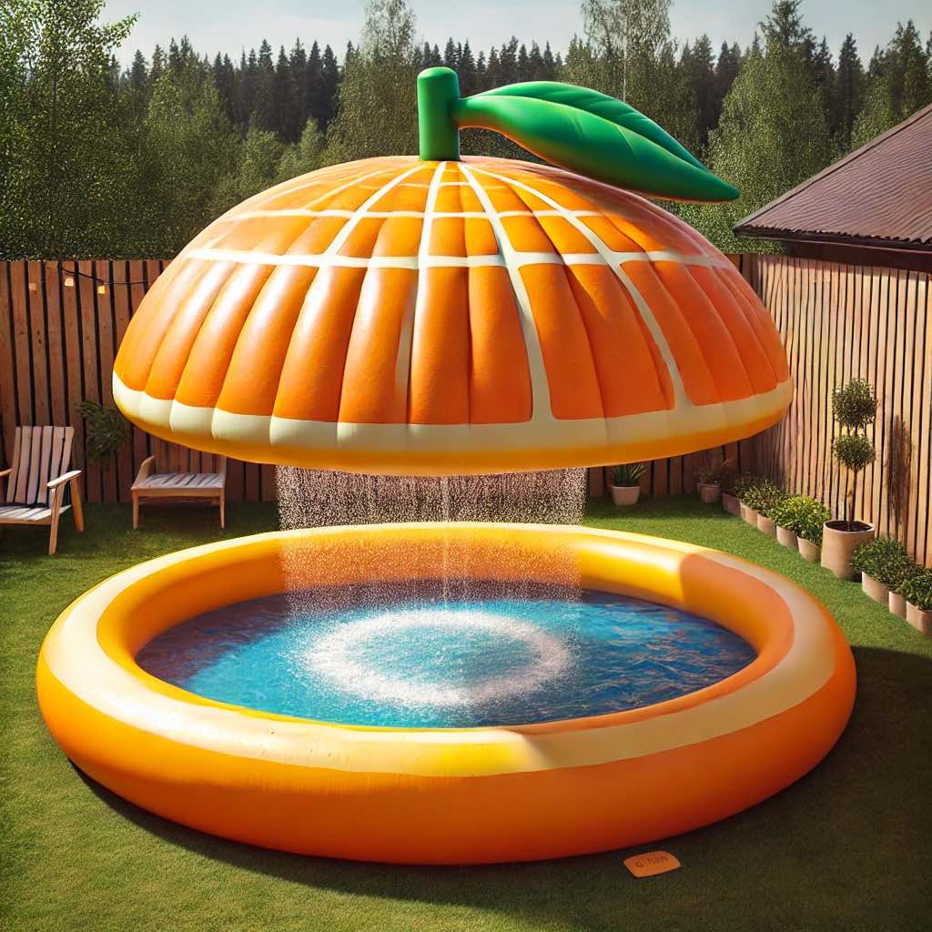 A bright orange-themed inflatable pool with an overhead water sprinkler.