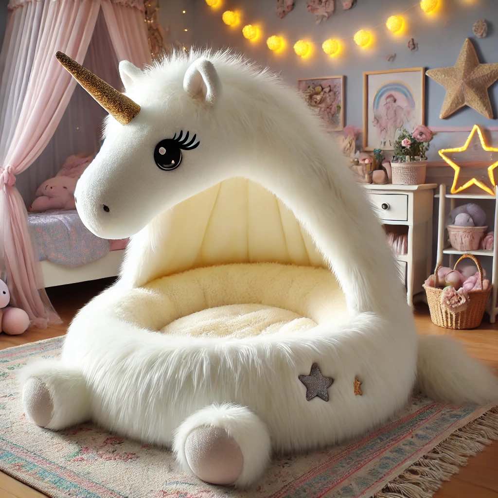  A plush white unicorn bed with a golden horn, star patches, and a soft, cosy interior.