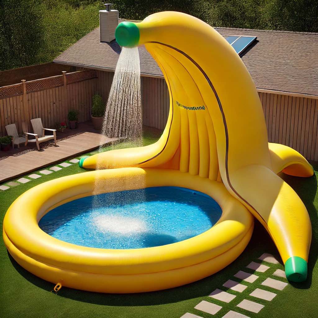 A vibrant yellow inflatable pool designed like a peeled banana, featuring a water shower from the banana tip, placed in a cosy backyard setting.