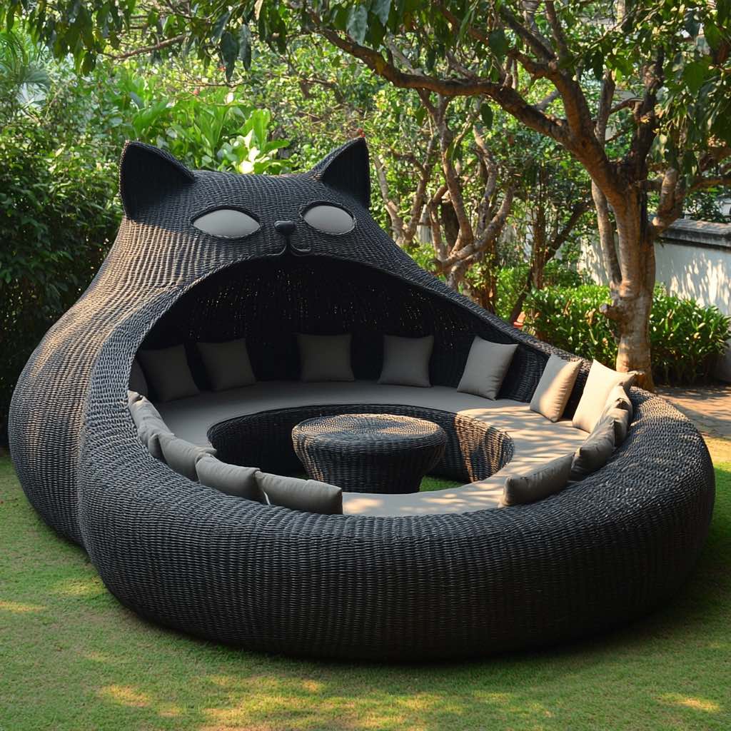 A dark wicker cat-shaped seating area with plush grey cushions in an outdoor space.