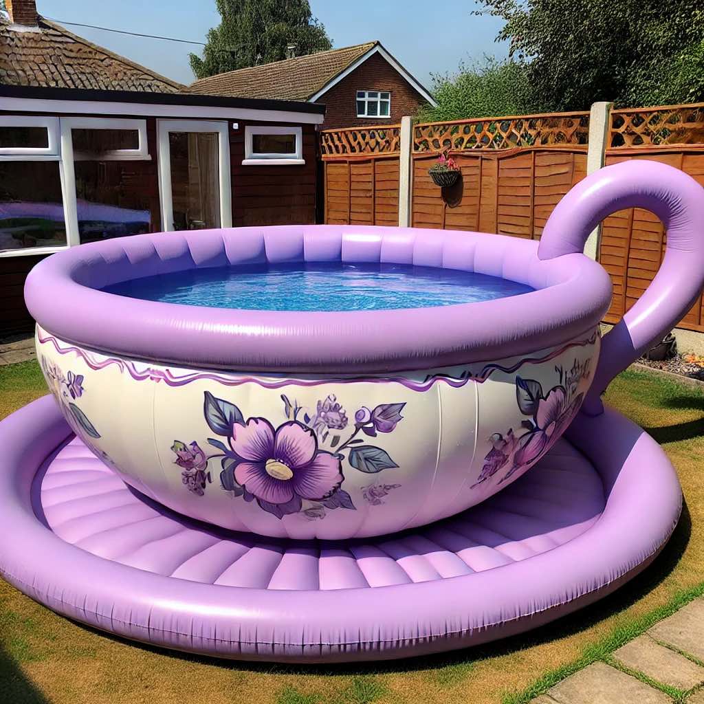 A regal purple teacup-shaped inflatable pool featuring vintage floral accents, ideal for summer lounging