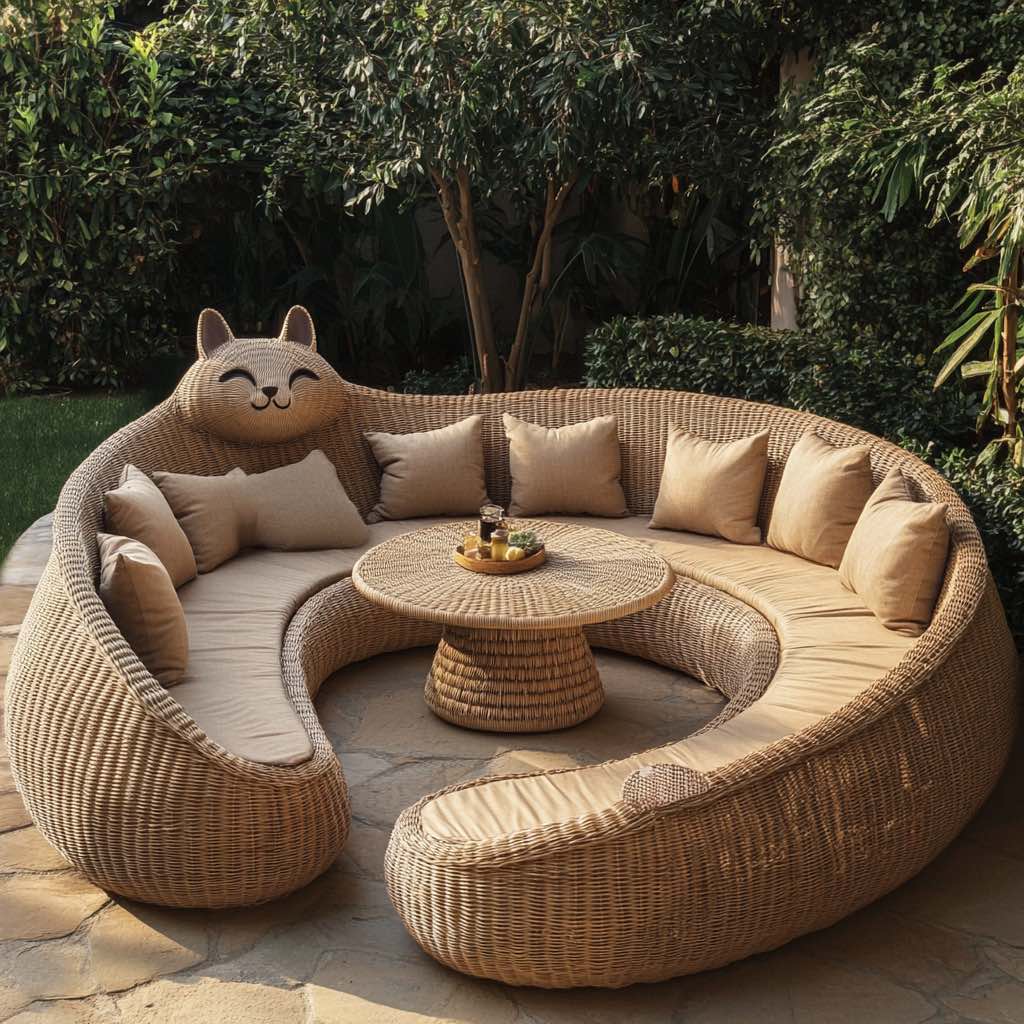A semi-circle wicker cat lounge with beige cushions and a matching round table in a lush garden.
