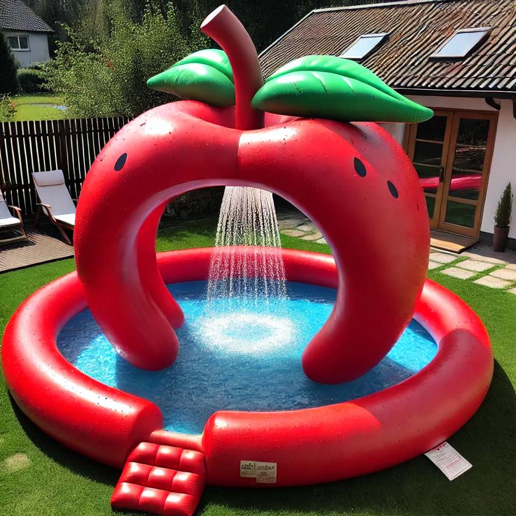 A strawberry shaped inflatable pool with a central water fountain, complete with green leaves on top, set in a lush backyard