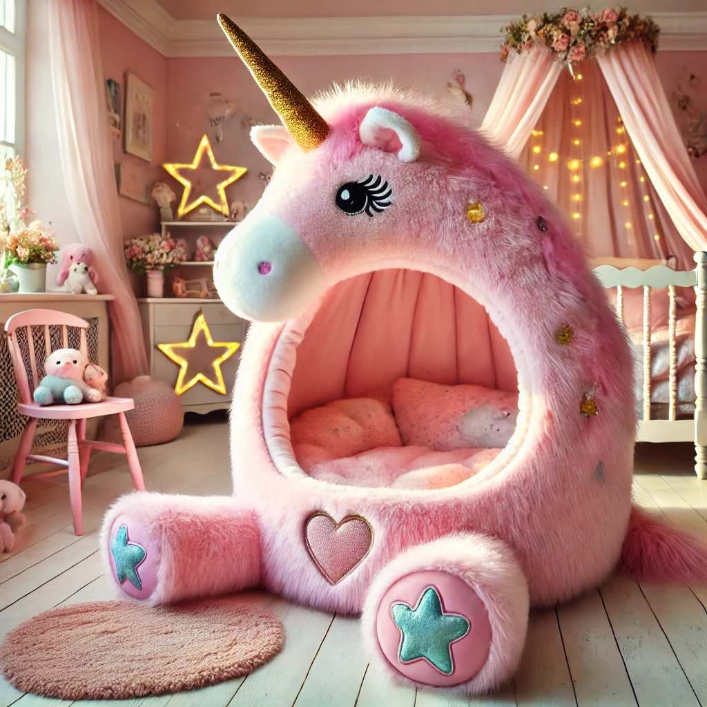 A beautiful pink unicorn bed with golden horn, star and heart embellishments, and a cosy interior.