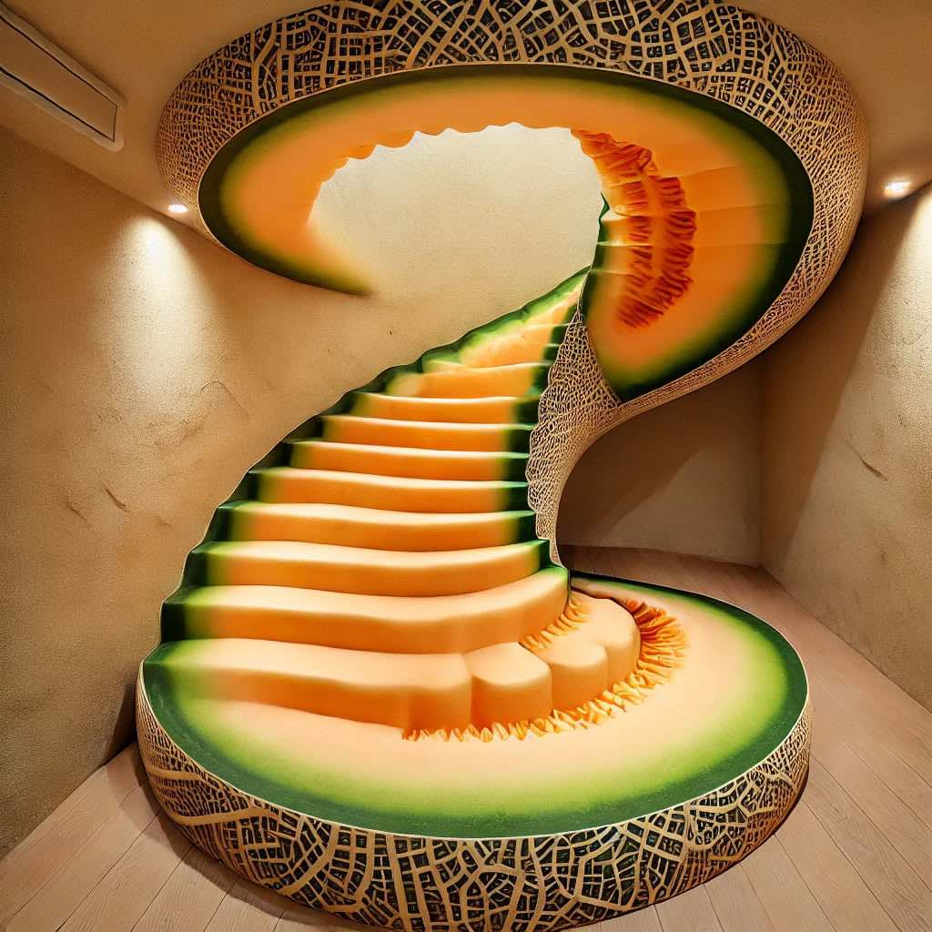A stunning melon-inspired staircase with orange-hued steps and a green rind exterior, adding warmth and elegance to the space