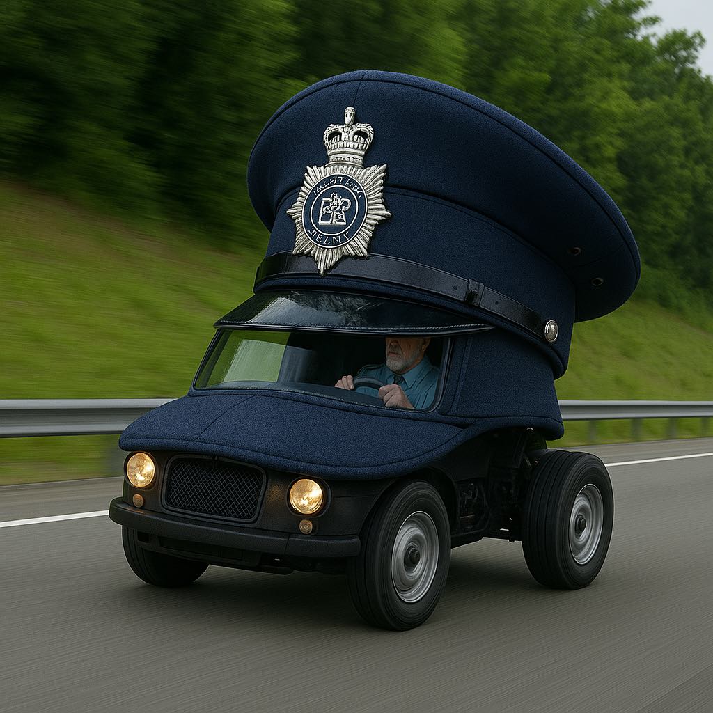 A novelty vehicle shaped like a traditional British police helmet with badge, driven by an elderly man.