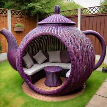A purple woven teapot garden pod with plush cushions and a matching table, nestled in a green garden.