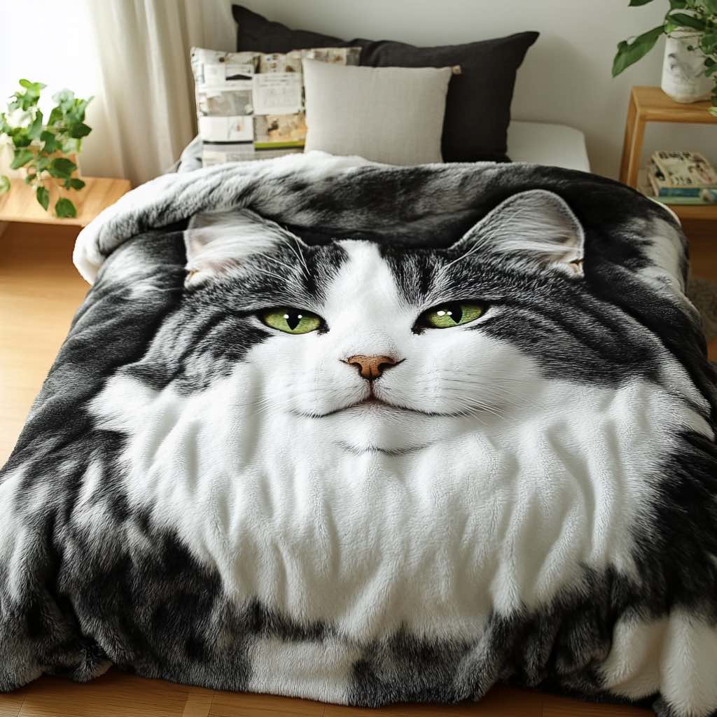 A sophisticated black-and-white cat-themed blanket featuring bright green eyes, adding a touch of elegance to the bedroom.