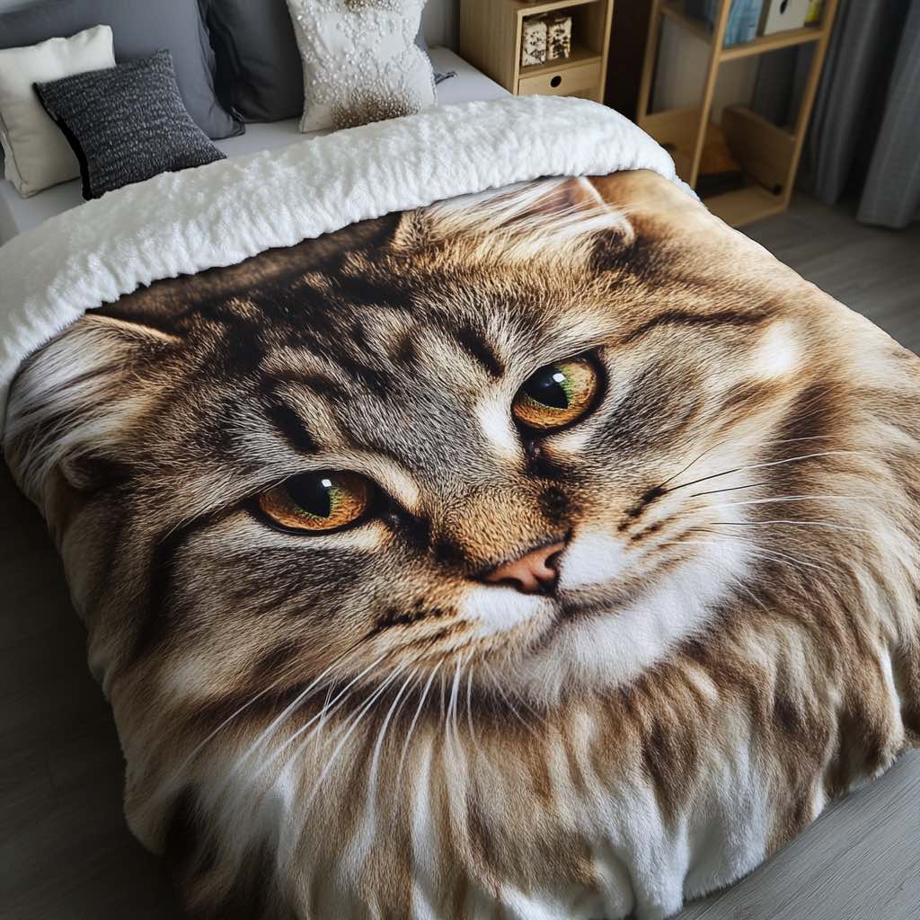 A detailed brown and black fluffy cat blanket with golden eyes, creating a regal and stylish bedroom setting.
