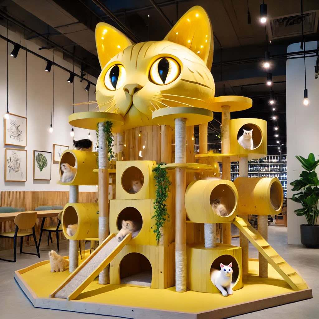 A bright yellow cat-shaped playground featuring tunnels, scratch posts, and climbing platforms for feline fun.