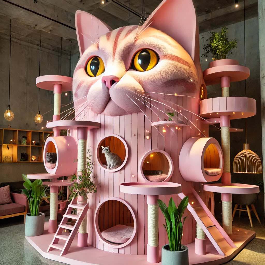 A pastel pink cat-themed playground adorned with greenery and fairy lights, creating a whimsical space for cats.