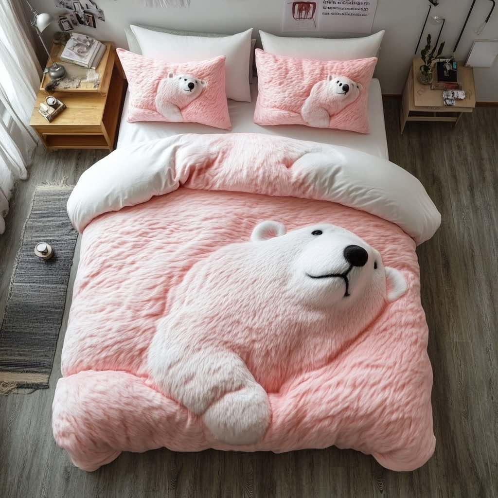 Blush pink polar bear-themed duvet with a cute and cosy sleeping bear design.
