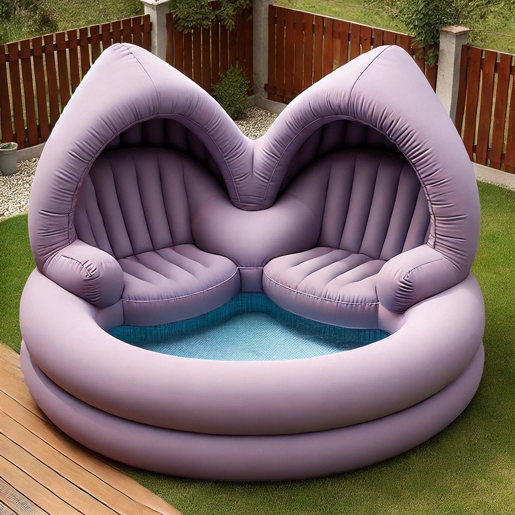 A lavender inflatable lounger pool with smooth seating and a stylish curved design in a landscaped garden.