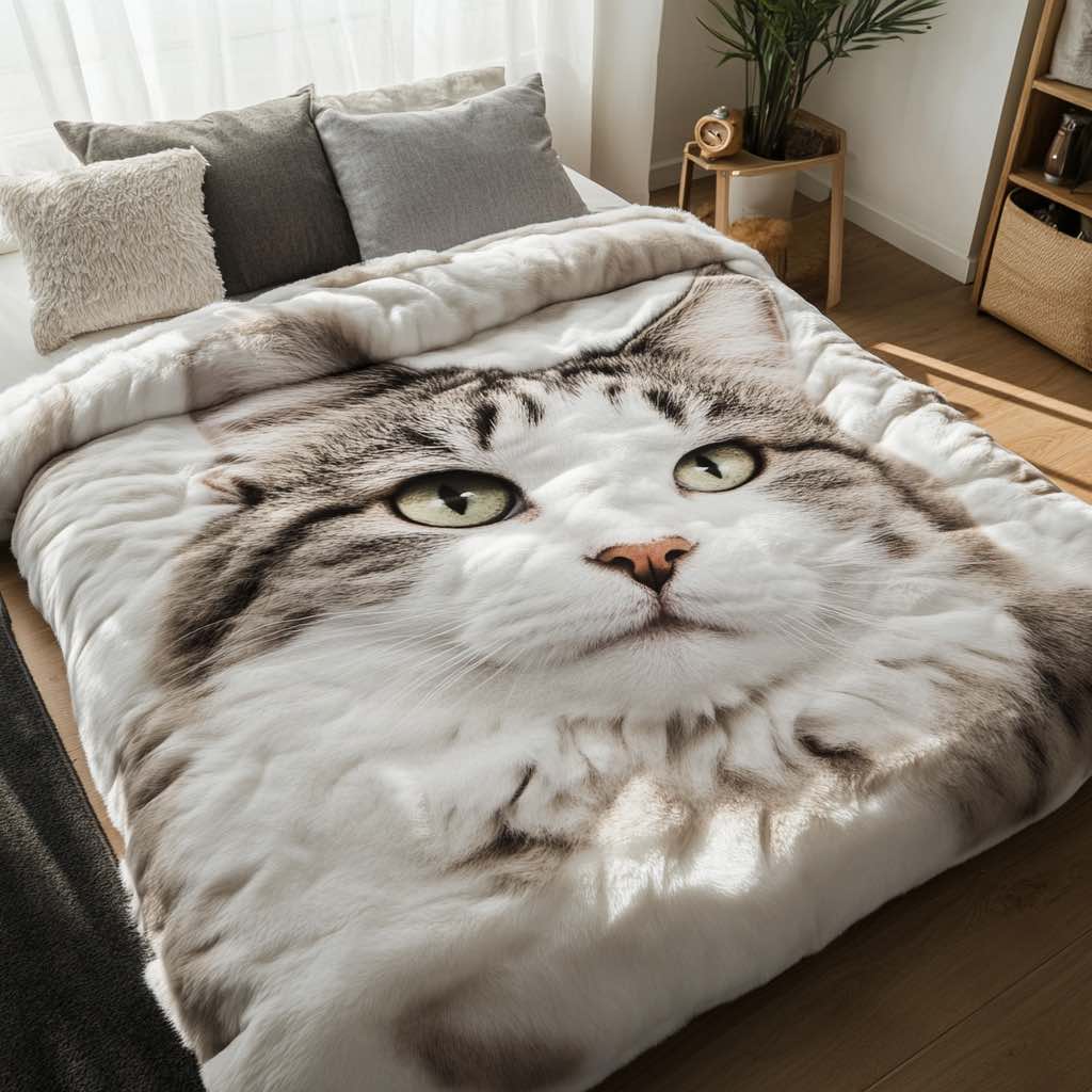 A realistic tabby cat blanket with green eyes covering a bed, giving the illusion of an oversized feline resting.
