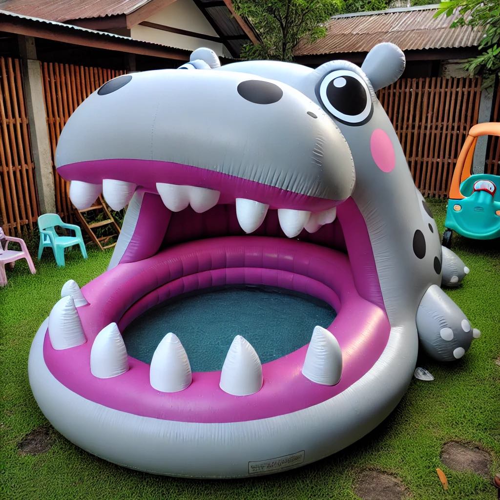 A grey inflatable hippo pool with polka dots, featuring a wide mouth and teeth, set in a grassy backyard.