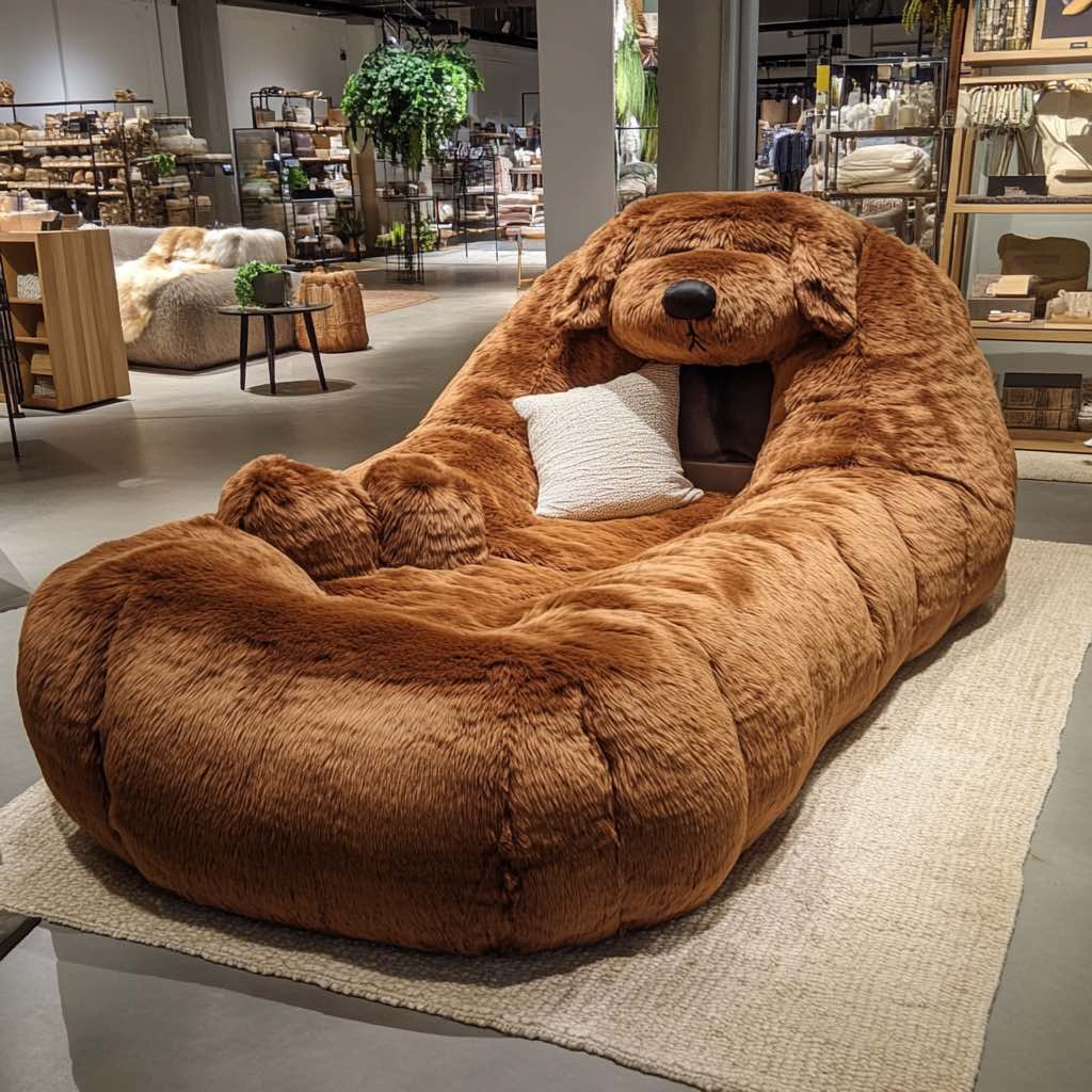 A large, brown plush dog-shaped lounger in a warm and stylish home setting.