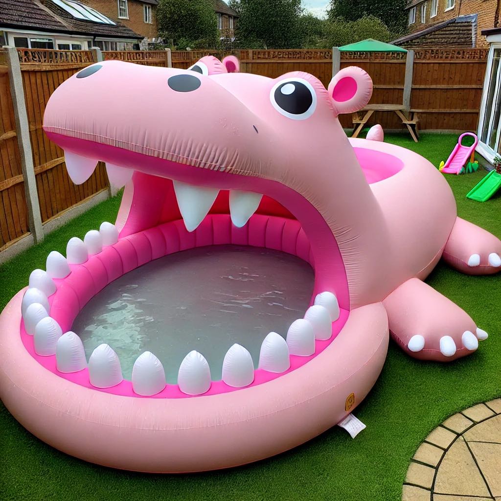 A pastel pink inflatable hippo pool with a fun open-mouthed design, surrounded by garden play equipment.