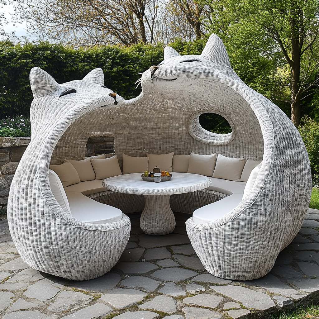 Two white wicker cat lounges facing each other with a round centre table for an elegant outdoor space.