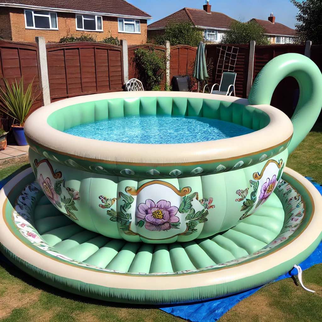A charming mint green inflatable teacup pool with floral designs, set in a lush backyard