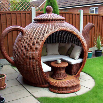 A brown wicker teapot garden pod with a step entrance, offering a cosy and rustic outdoor seating area.