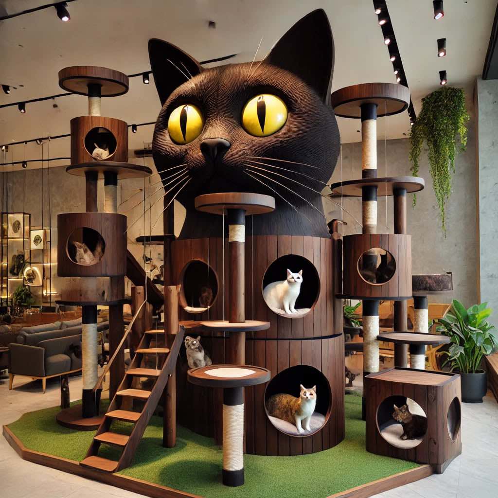 A large black cat-shaped playground with wooden climbing platforms, tunnels, and areas for cats to jump and hide.
