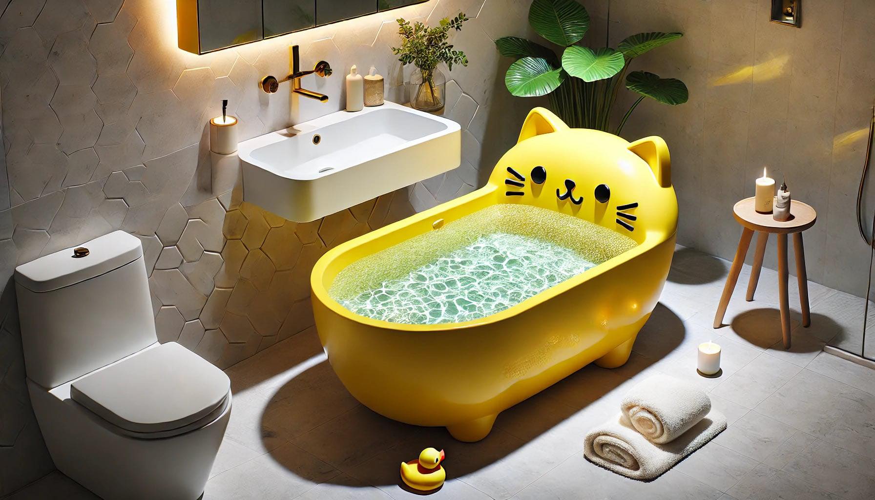 A sunshine yellow cat-themed bathtub in a vibrant bathroom with candles, plants, and modern tiles