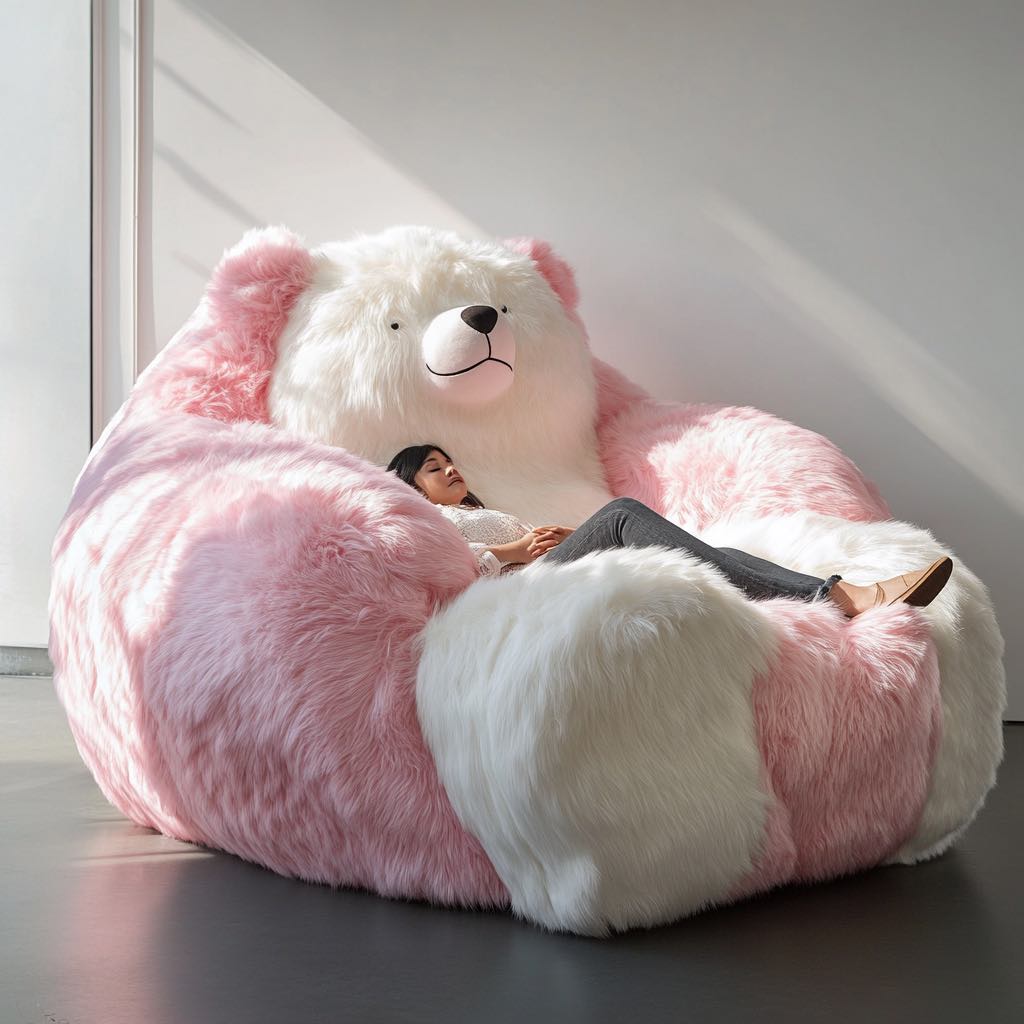 A pastel pink and white teddy bear chair with a woman relaxing in comfort.