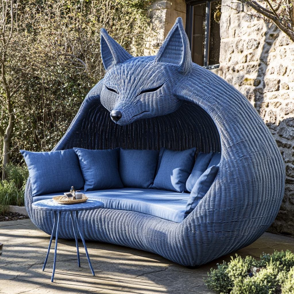 A luxurious blue fox-shaped outdoor daybed with comfortable cushions and intricate woven detailing.