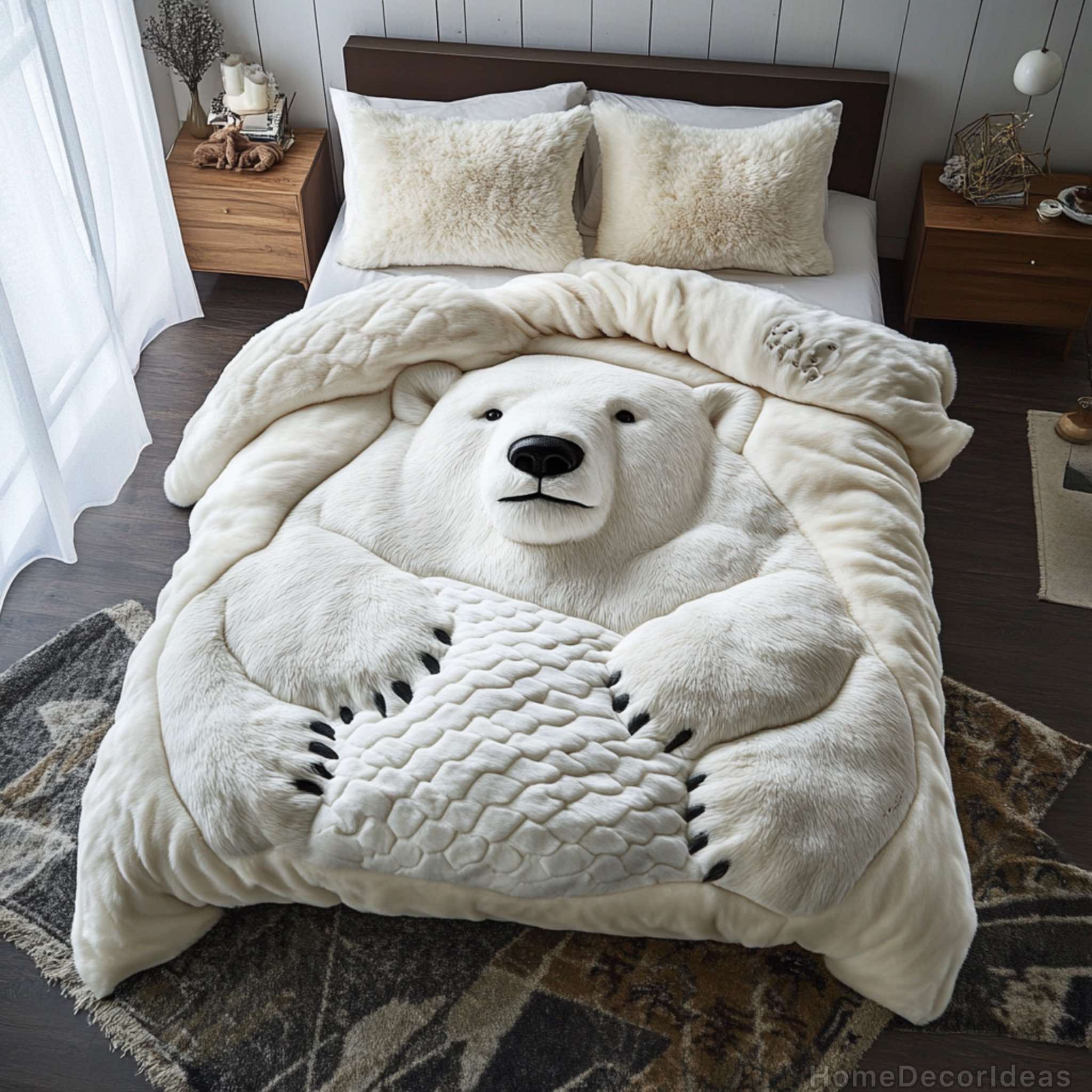 Luxurious and realistic polar bear-inspired bedding set in white, featuring a lifelike Arctic bear design.