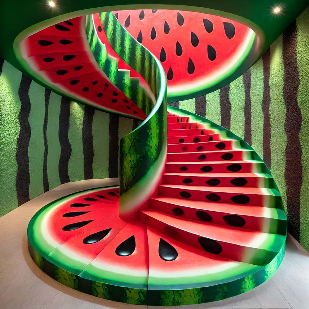 A vibrant watermelon-themed spiral staircase featuring red steps with black seed details, wrapped in a realistic green rind border.