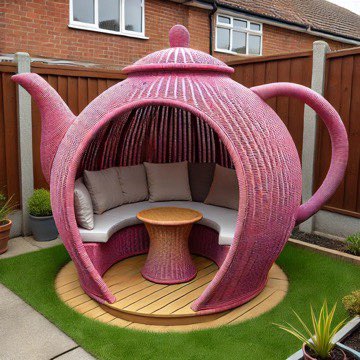 A vibrant pink teapot-shaped garden pod with soft cushions and a wooden floor, set against a fenced backyard.