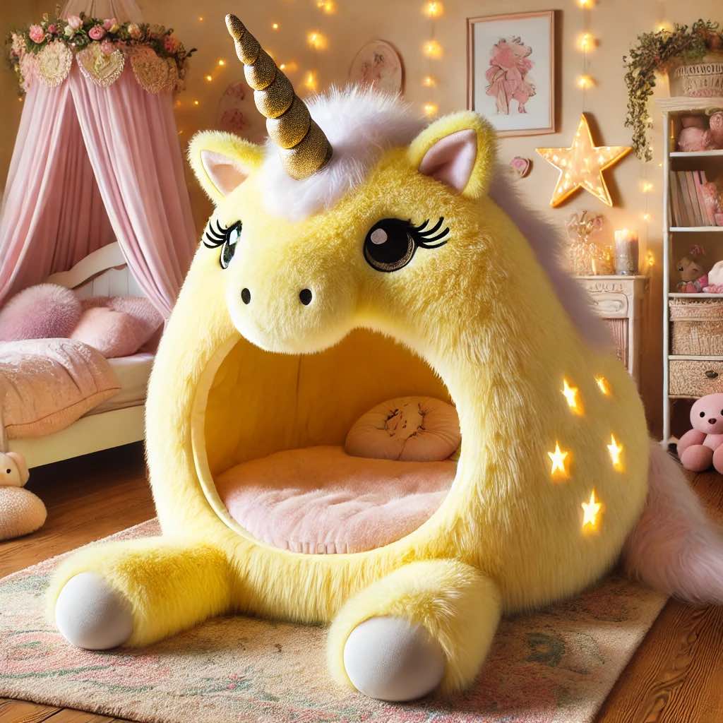A soft golden-yellow unicorn bed with glowing star cut-outs, plush fabric, and a whimsical horn.