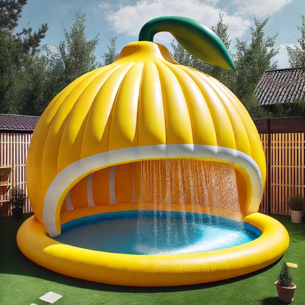 A yellow lemon-shaped inflatable pool with a cascading water feature.