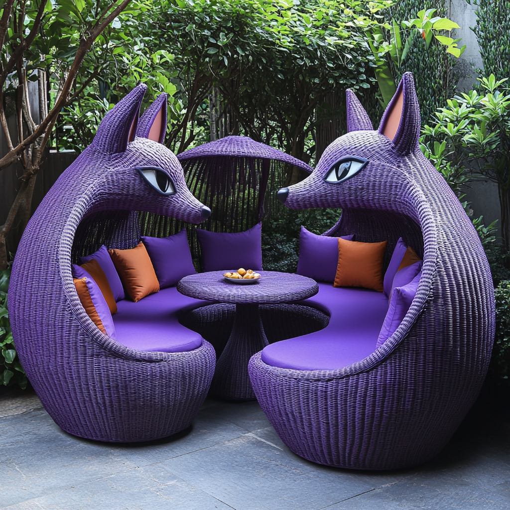 A pair of stunning purple fox-themed outdoor loungers with orange cushions, set in a lush green garden