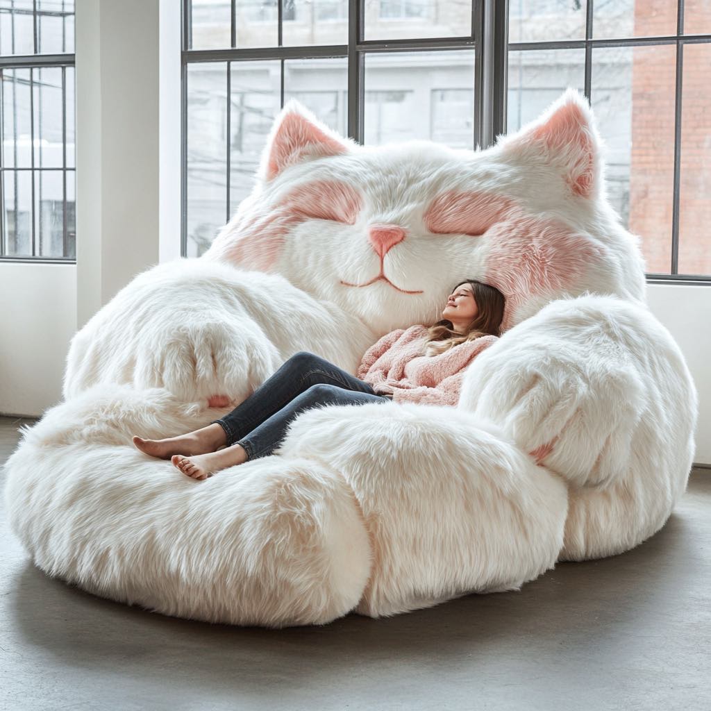  A white and pink fluffy cat bean bag with a woman lounging in a bright, modern apartment.
