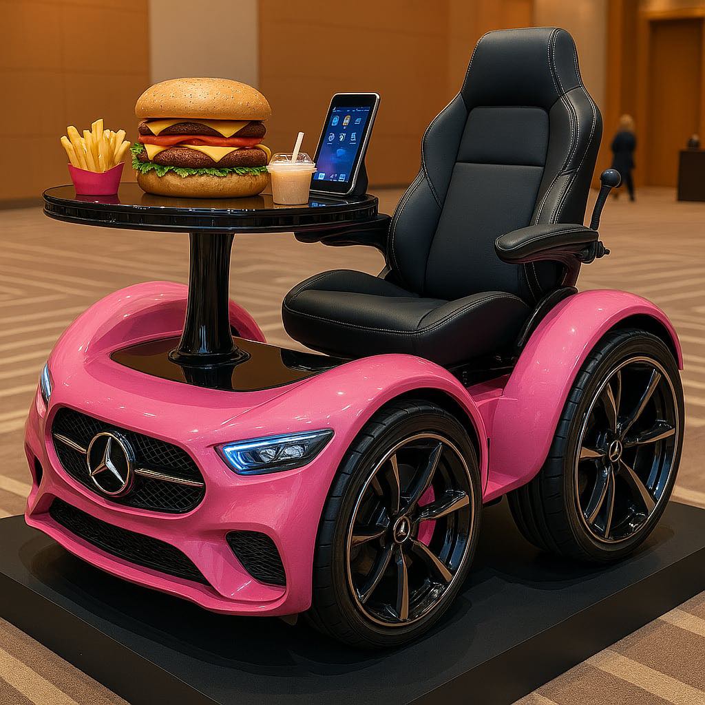 Bright pink luxury dining chair with tablet dock, meal tray, and four high-performance wheels.