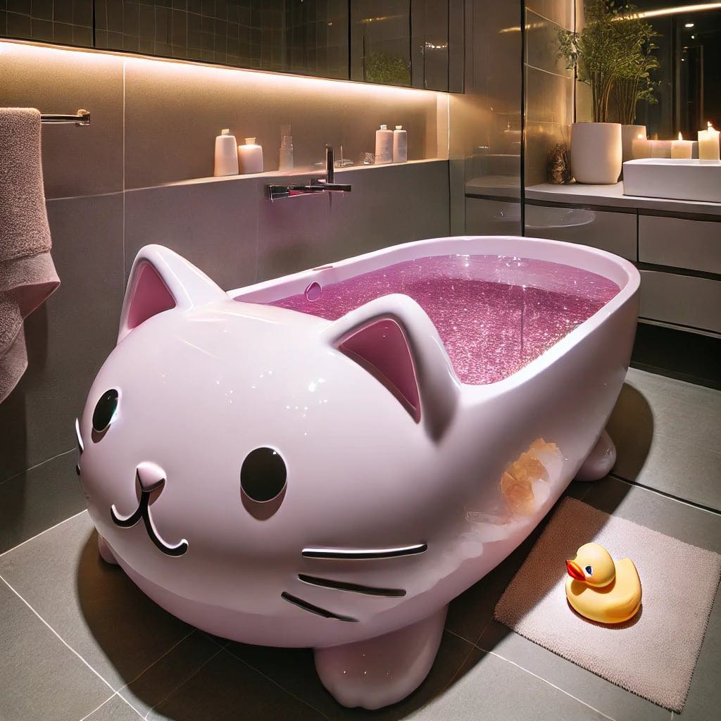 A light pink cat-style bathtub filled with sparkling water surrounded by candles and soft lighting