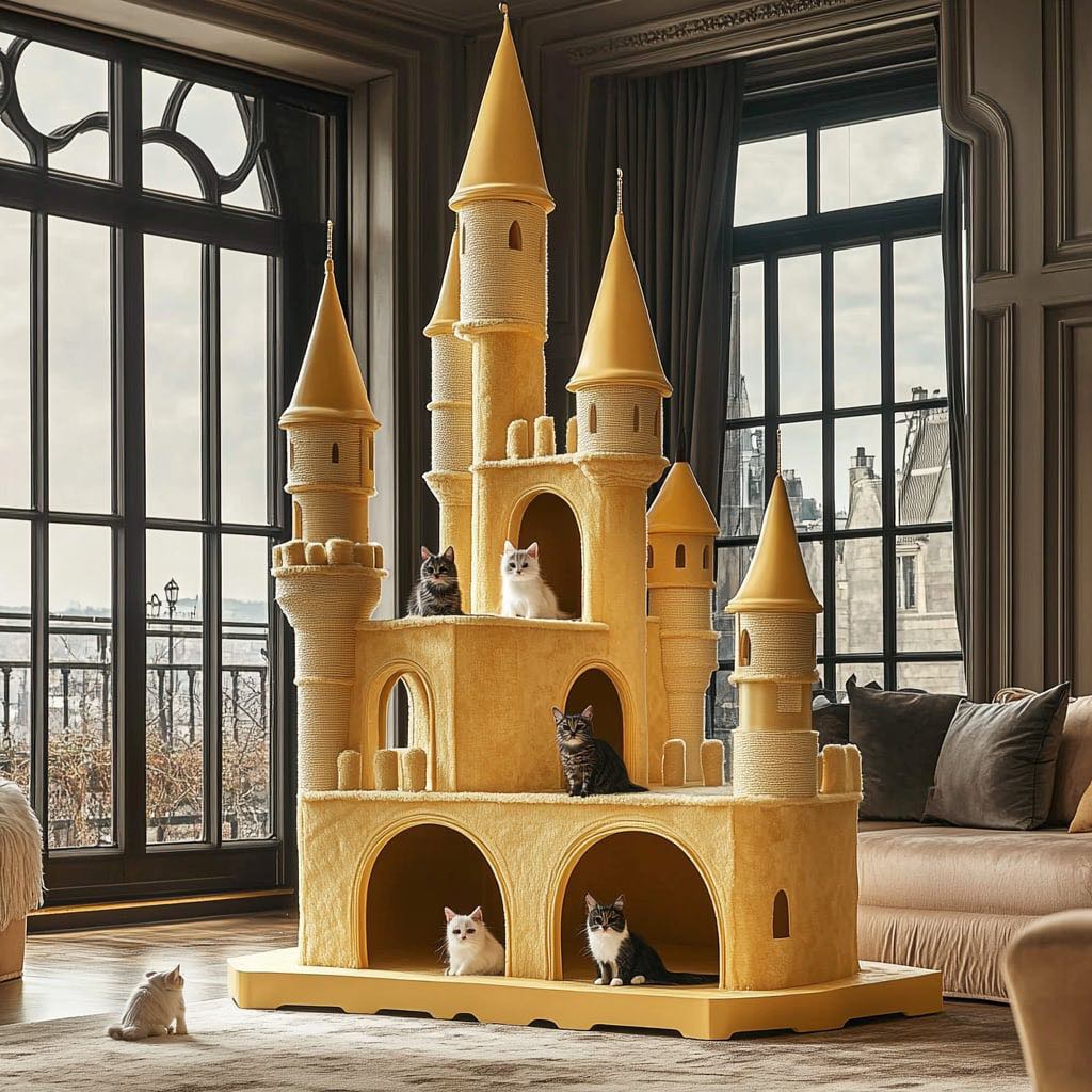 Large yellow cat castle with turrets and arches, surrounded by cats in a classy living room
