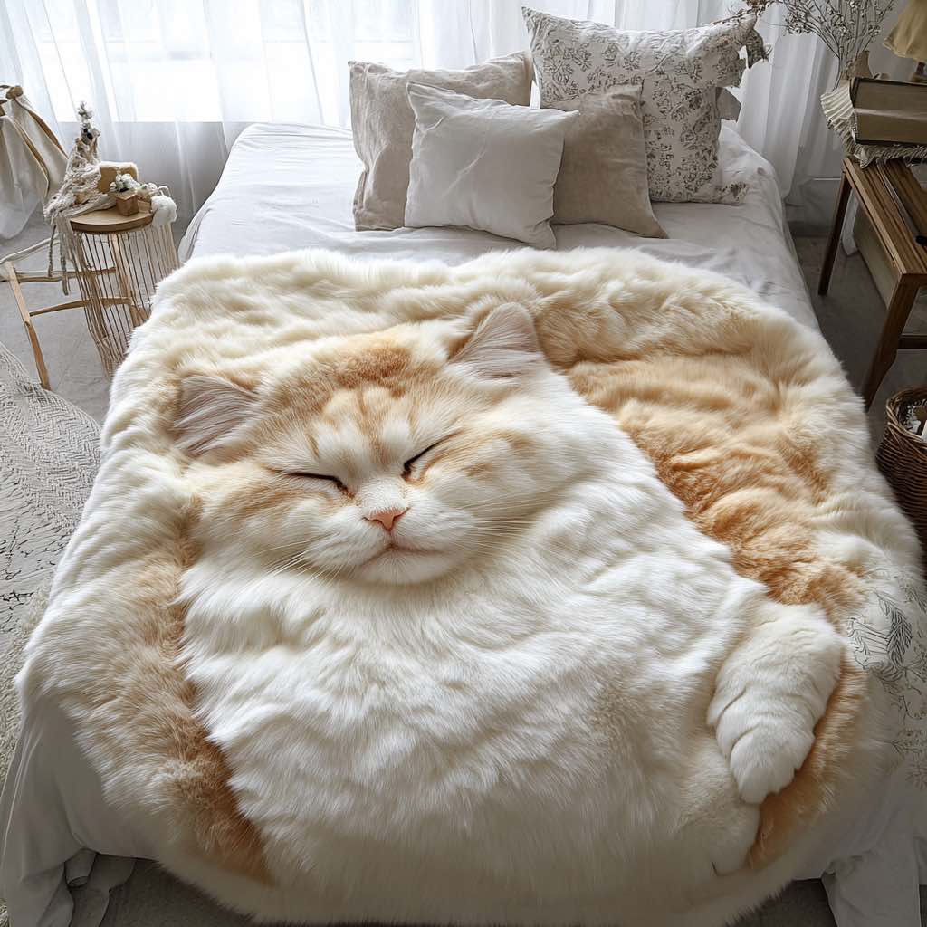 A soft, ginger and white cat-themed blanket draped over a bed, appearing like a giant sleeping cat.
