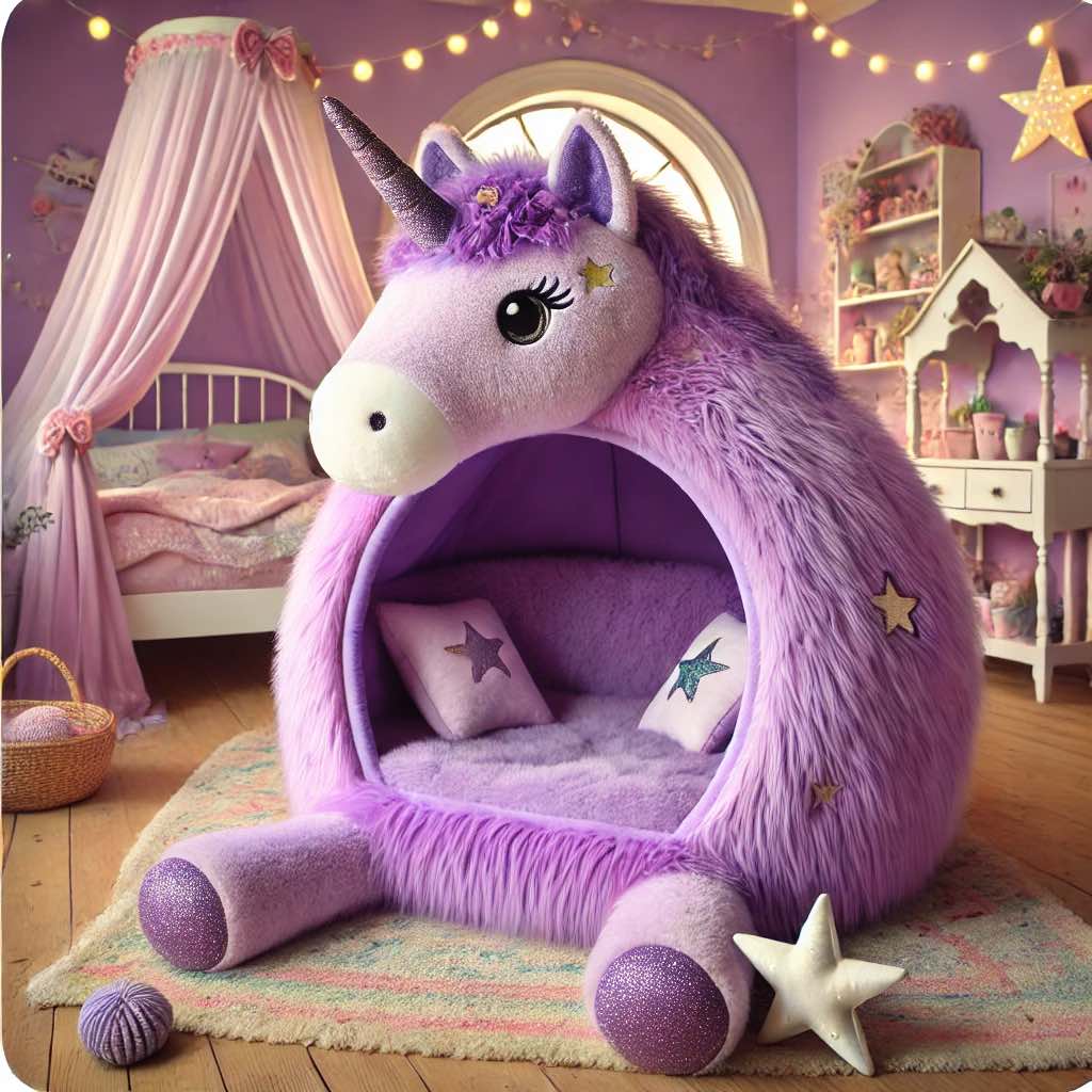 A cosy lavender unicorn-shaped bed with fluffy interiors, star cushions, and a magical atmosphere.