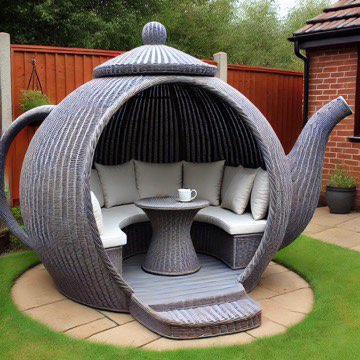 A grey rattan teapot garden pod with white cushions, a small table, and a welcoming entrance.