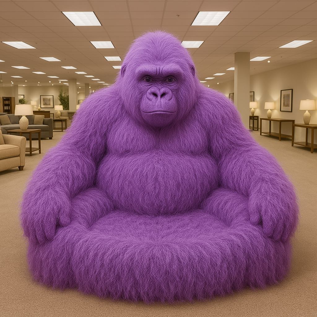 Deep purple gorilla-shaped sofa offering a regal design in a modern showroom.