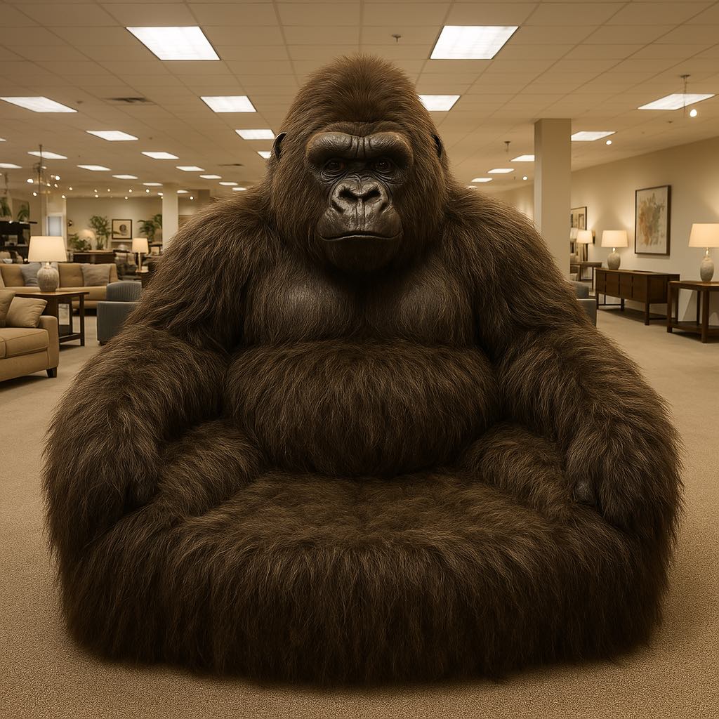 Black gorilla-themed sofa blending with natural decor in a furniture store.