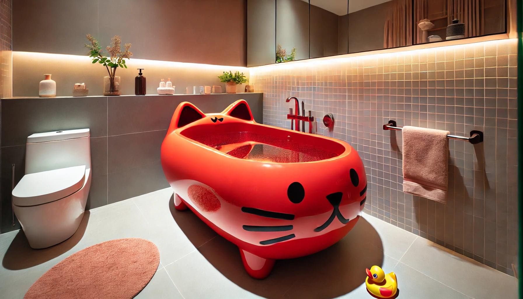 A striking red cat-shaped bathtub with matching fixtures in a stylish modern bathroom