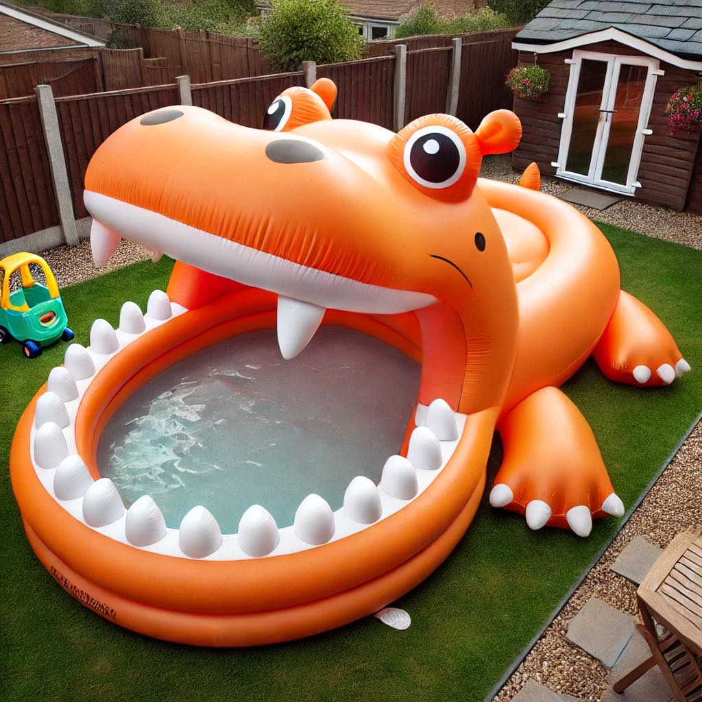 An orange inflatable hippo-shaped pool with large teeth, placed in a garden with a toy car nearby.