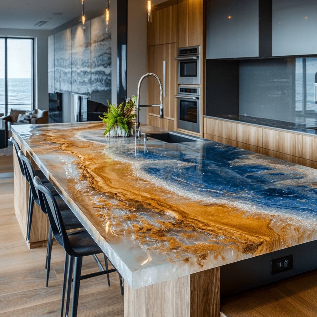 Blue and golden resin countertop resembling a coastal shoreline with waves and sand
